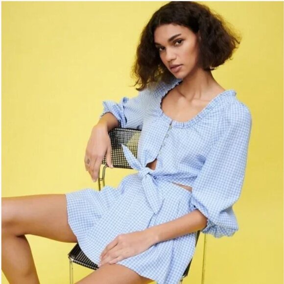 Zara Women's Blue & White Gingham Prairie Boho Cottage Crop Top Tie Front Size M - Picture 4 of 14